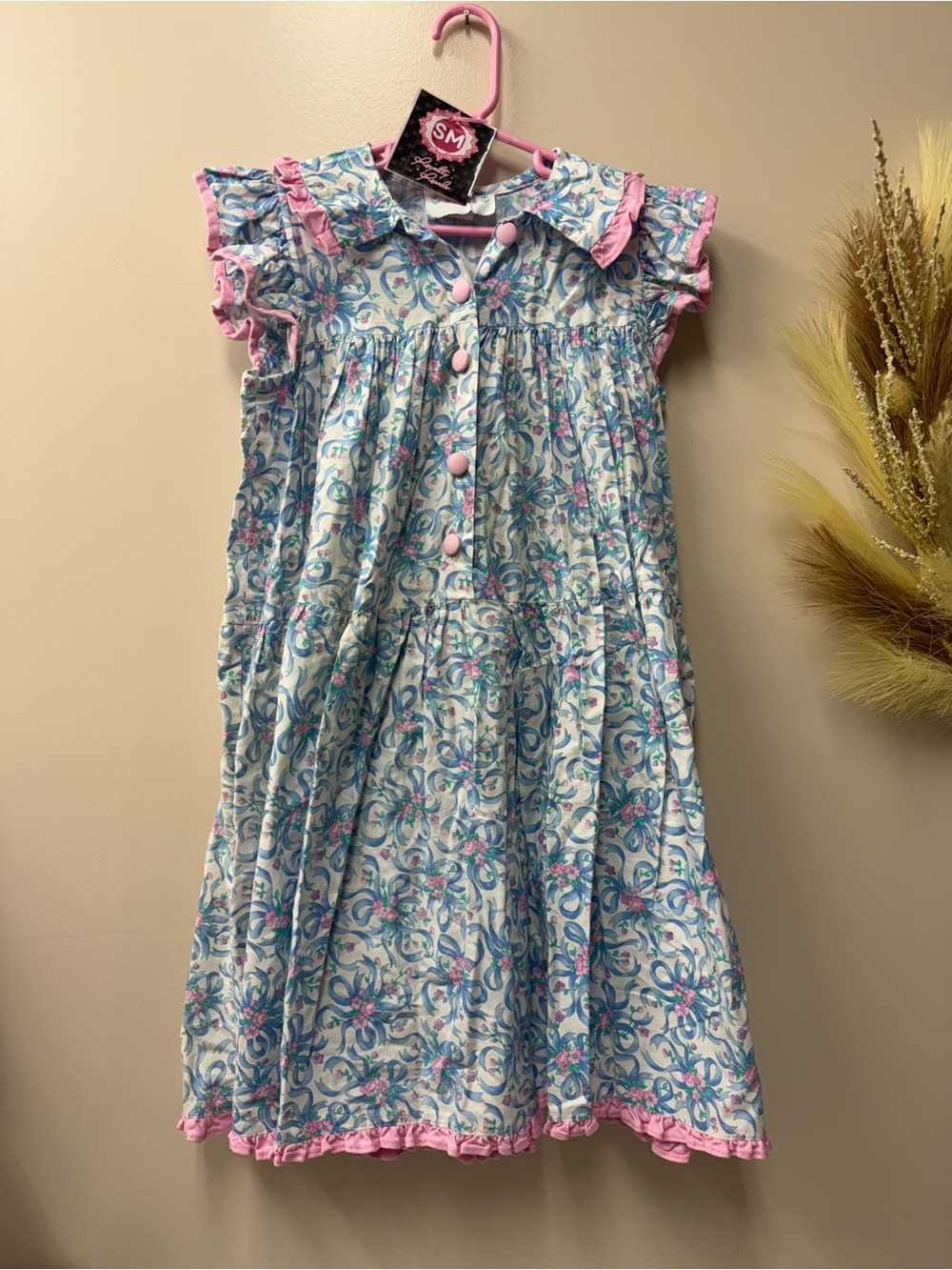 Girls' Blue Floral Casual Dress with Pink Trim